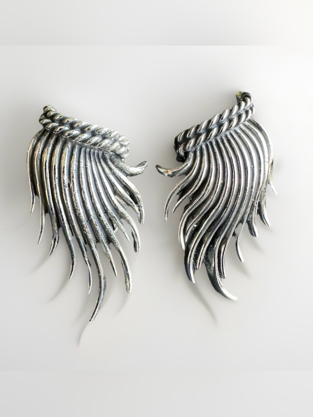 VTG Charel Signed Silver Tone Mid Century Modern Feather Wing Clip On Earrings